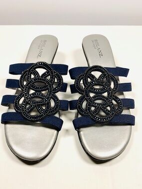 Solanz open toe slip on sandal navy blue circle rhinestone embellished low heel